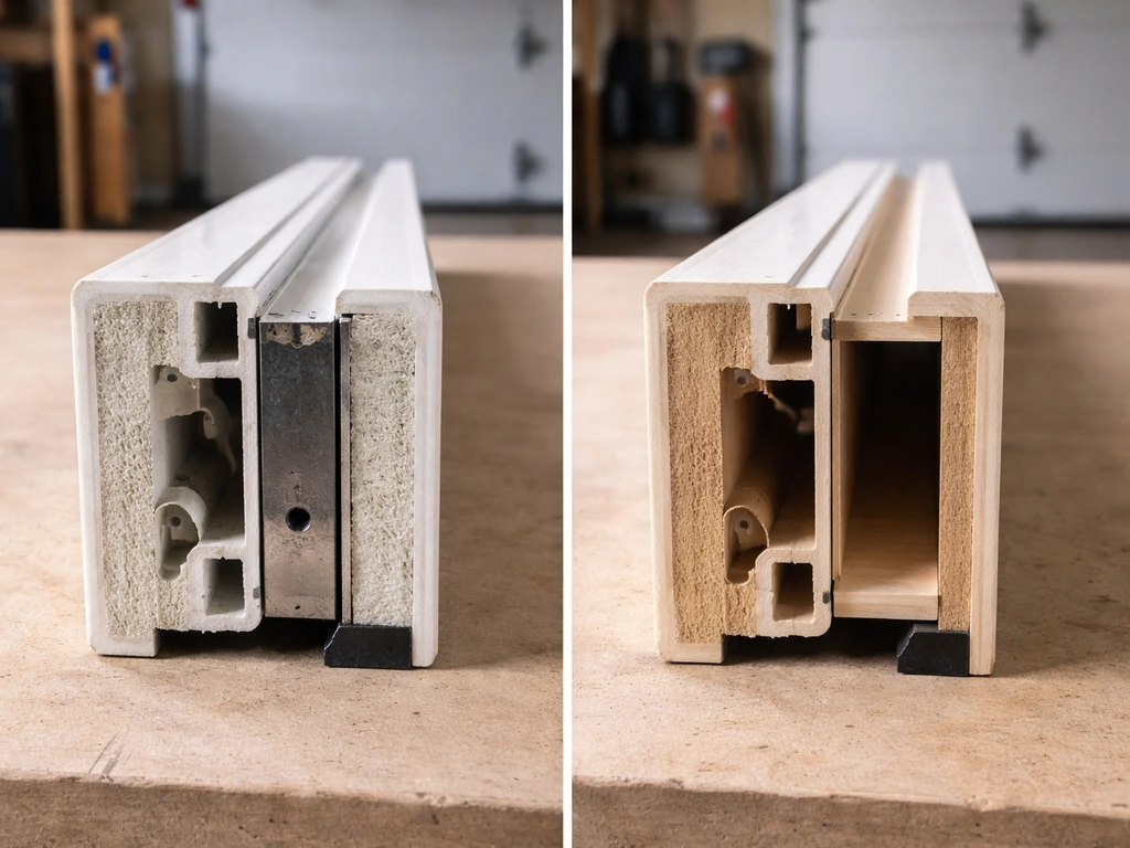 Split view of two simple door frame sections—reinforced steel/fiberglass vs wood/hollow-core—showing prying points