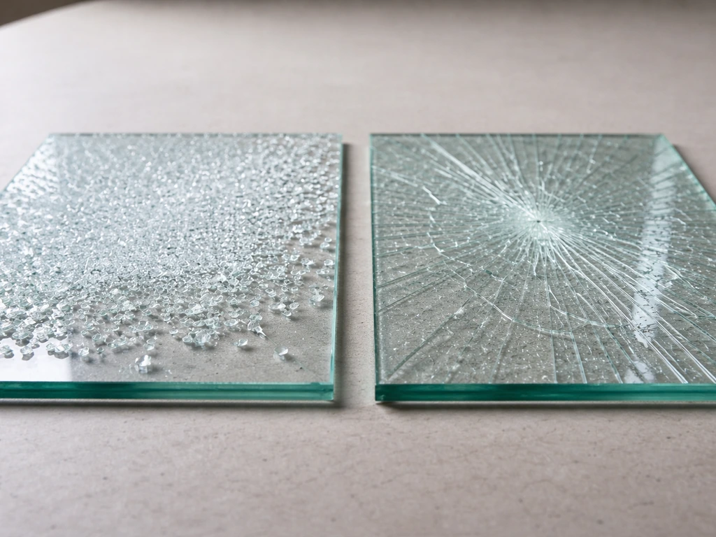 Side-by-side tempered glass shattered into cubes versus laminated glass cracked but still holding fragments.
