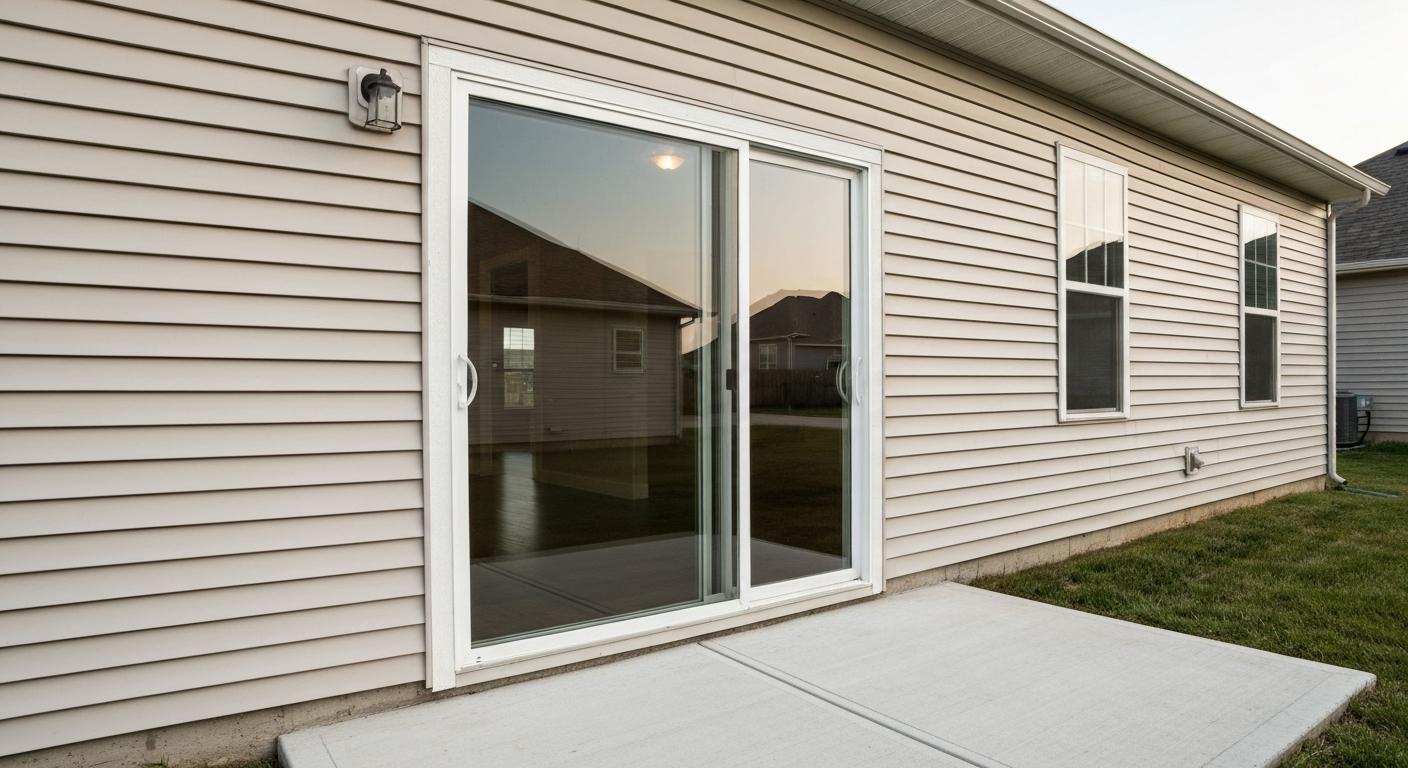 Exterior view of a modern home showing a standard two-panel sliding glass patio door on a small patio.