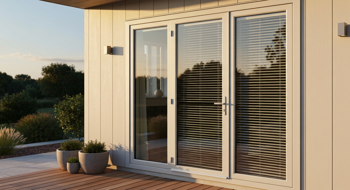 Exterior view of modern French patio doors with between-glass built-in blinds partially lowered
