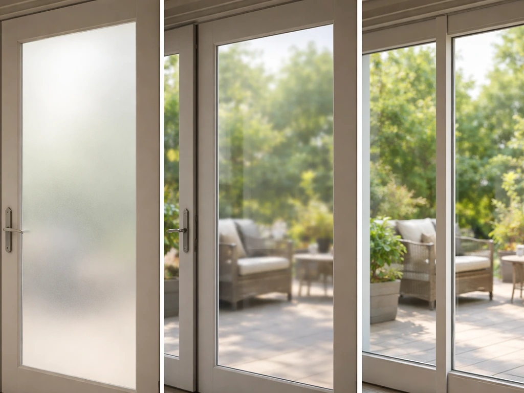 Close-up of frosted, tinted, and obscure glass in French and sliding patio door panels under daylight.