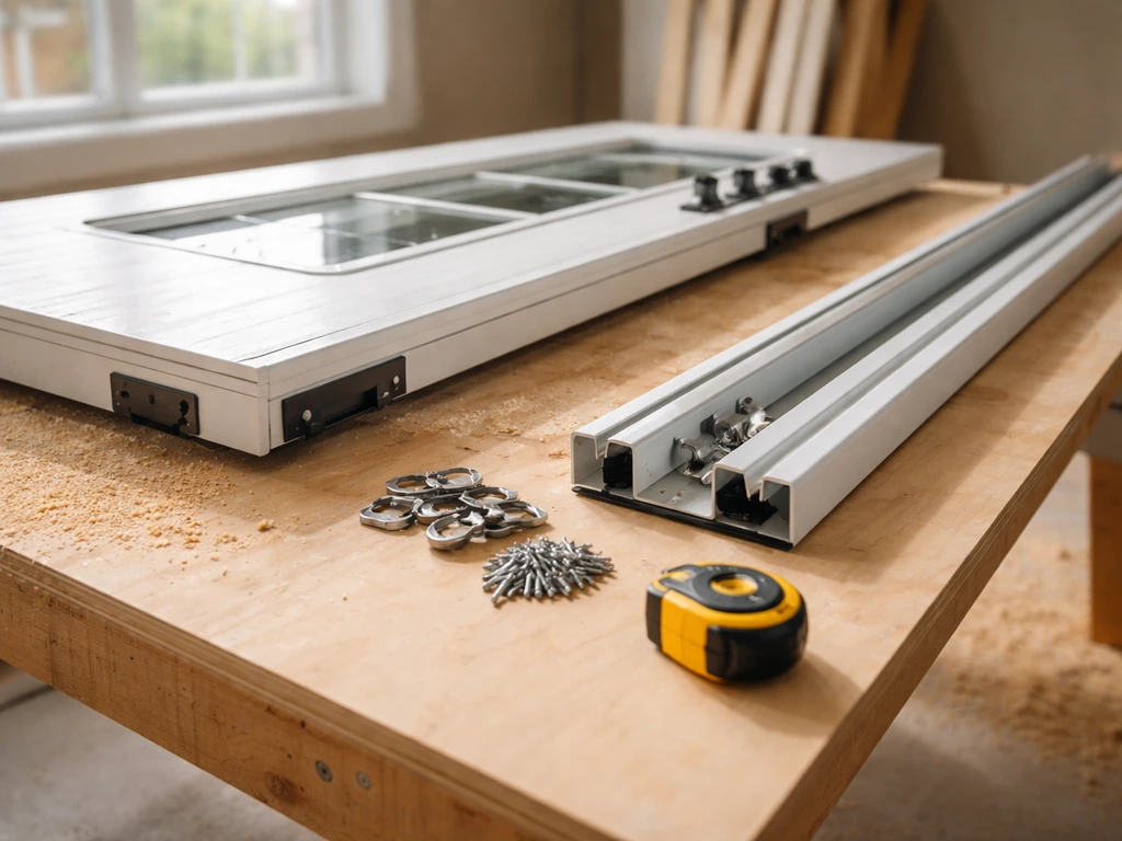Minimal workbench scene with door panels and installation hardware representing door unit cost and labor.