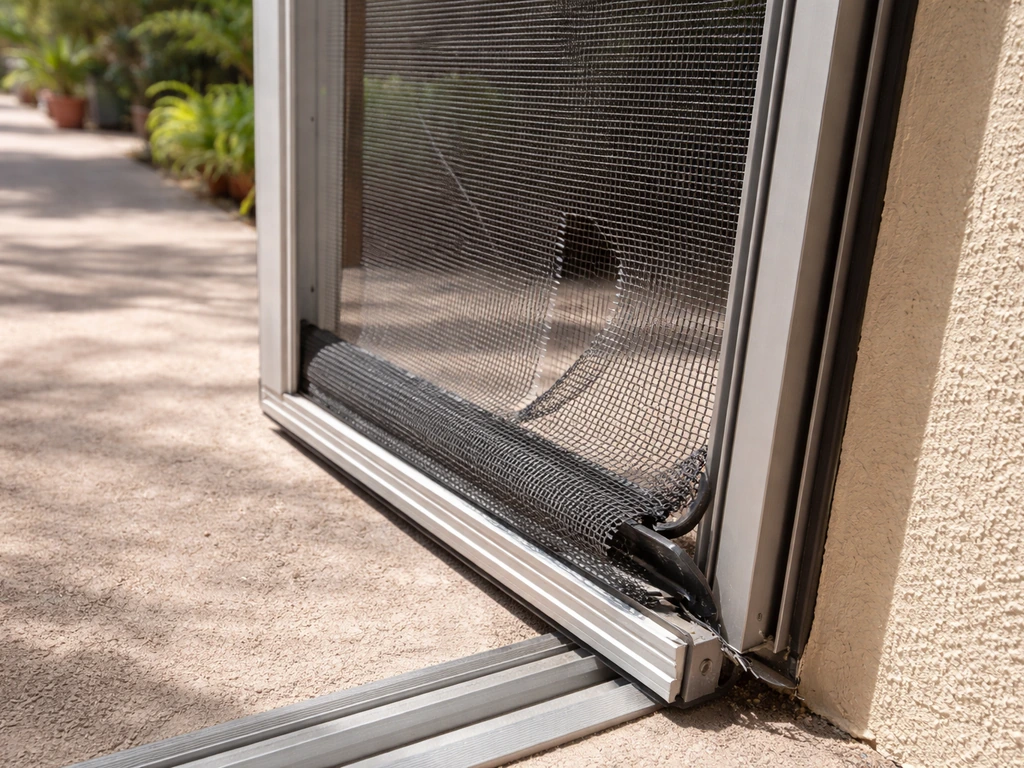 Close-up of a torn patio screen door with exposed spline on a Florida home exterior.