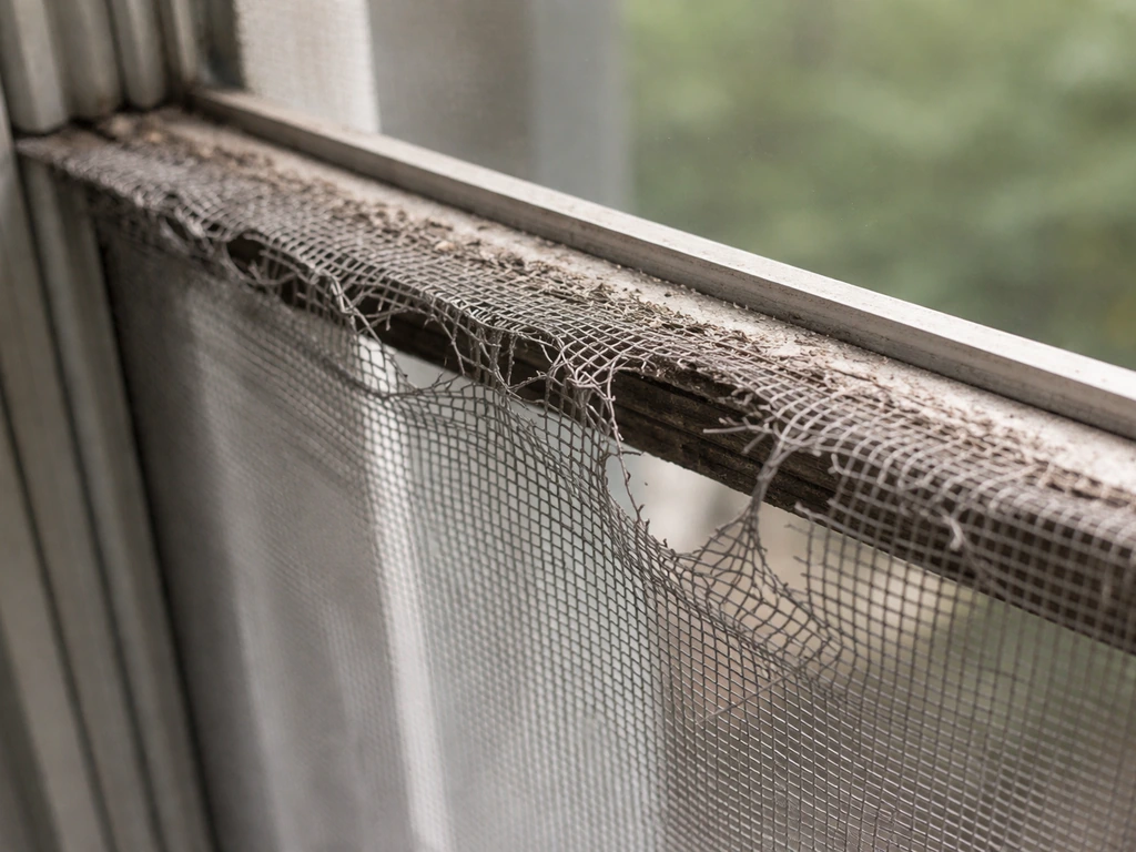 Close-up of brittle, UV-deteriorated fiberglass window screen mesh with torn fibers and frayed edges.