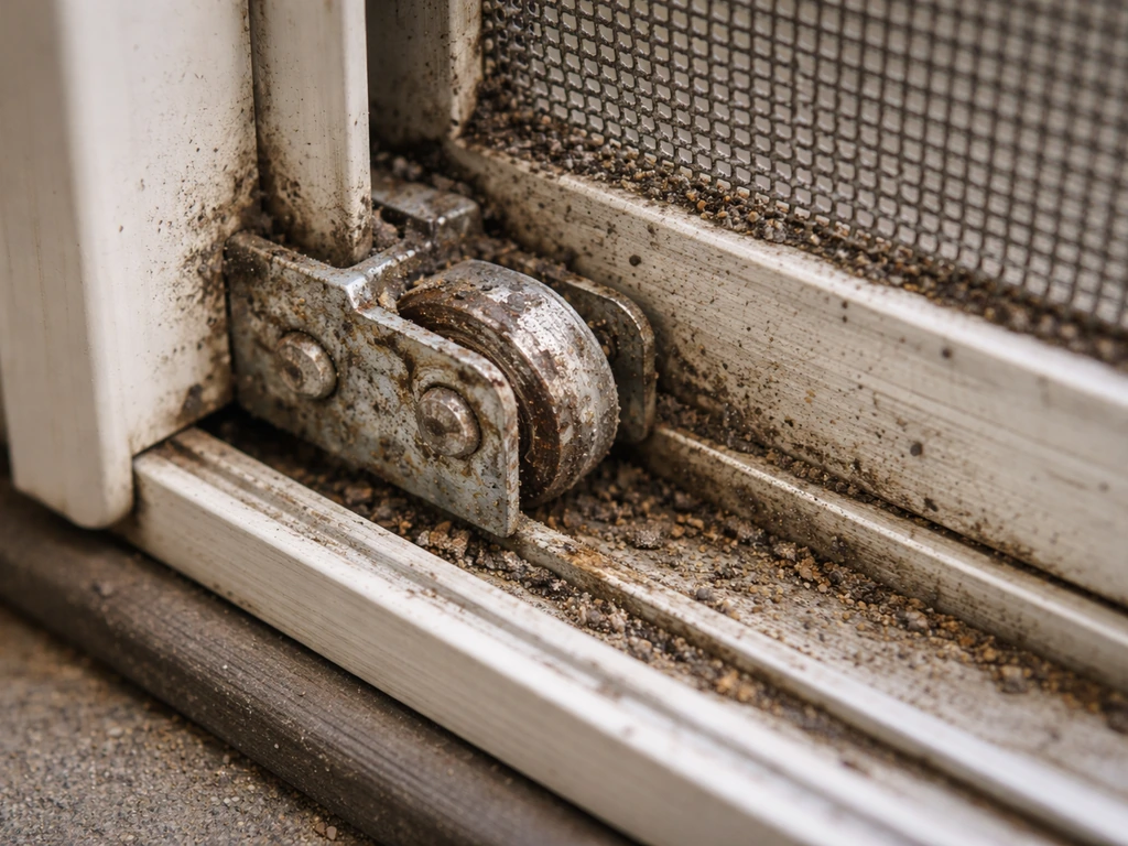 Close-up of a patio screen door roller and track with visible corrosion and debris buildup.