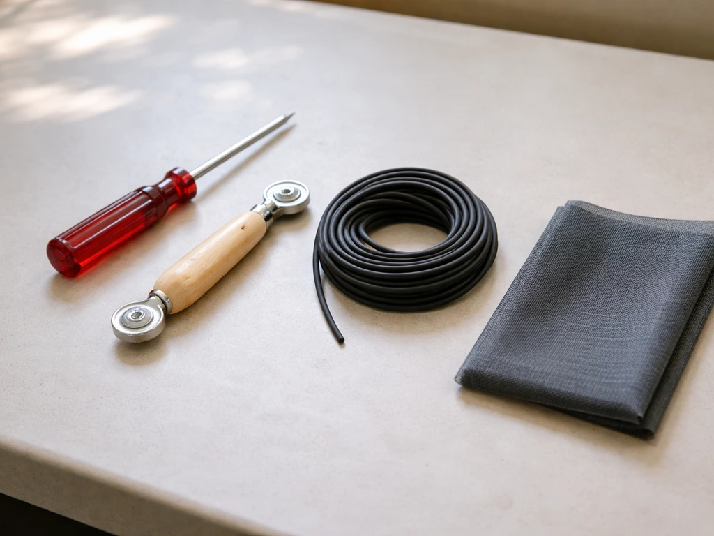 DIY repair tools neatly laid out: spline roller, screwdriver/awl, replacement spline, and fiberglass mesh patch.