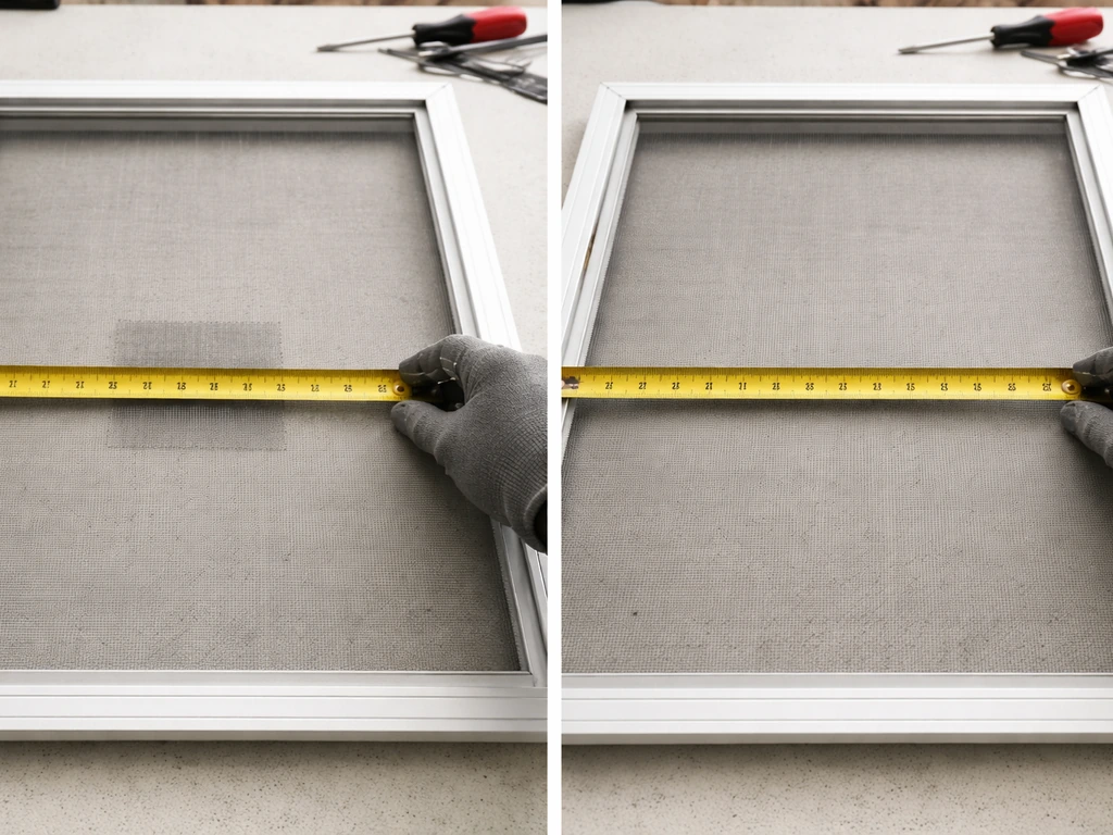 Close-up of a tape measure measuring window screen mesh for a patch on one frame and full re-screen on another.