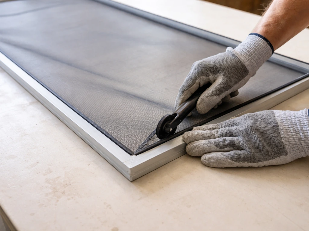 Gloved hands align patio screen mesh and press the spline into the frame groove on a workbench.