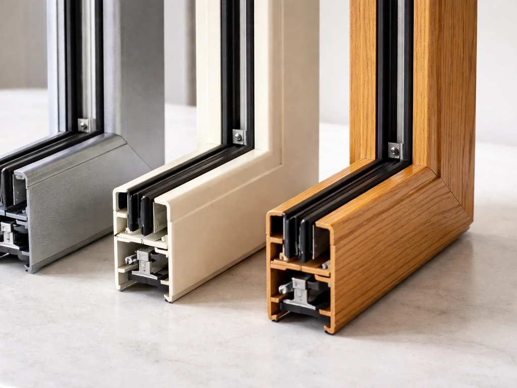 Close-up of aluminum, vinyl, and wood bifold patio door frames showing distinct textures and colors