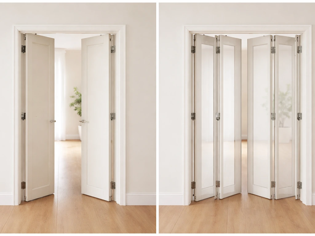 Minimal photo showing a bifold door concept with fewer versus more panels and extra hardware emphasis.