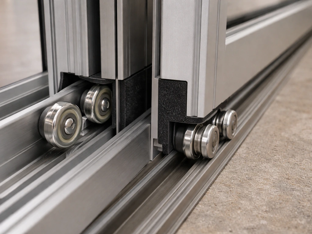 Close-up of a bifold door track and rollers with thermally broken frame edge, showing quality hardware.