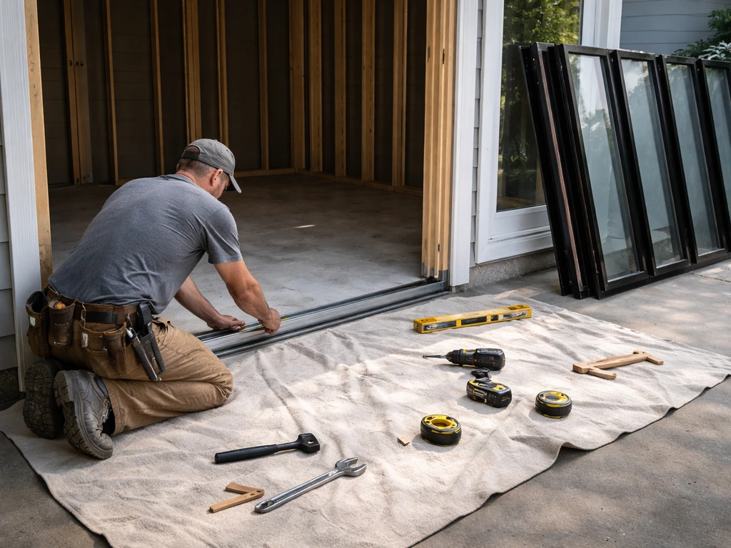 Construction crew installing bifold patio door track with tools and panels at a home rough opening