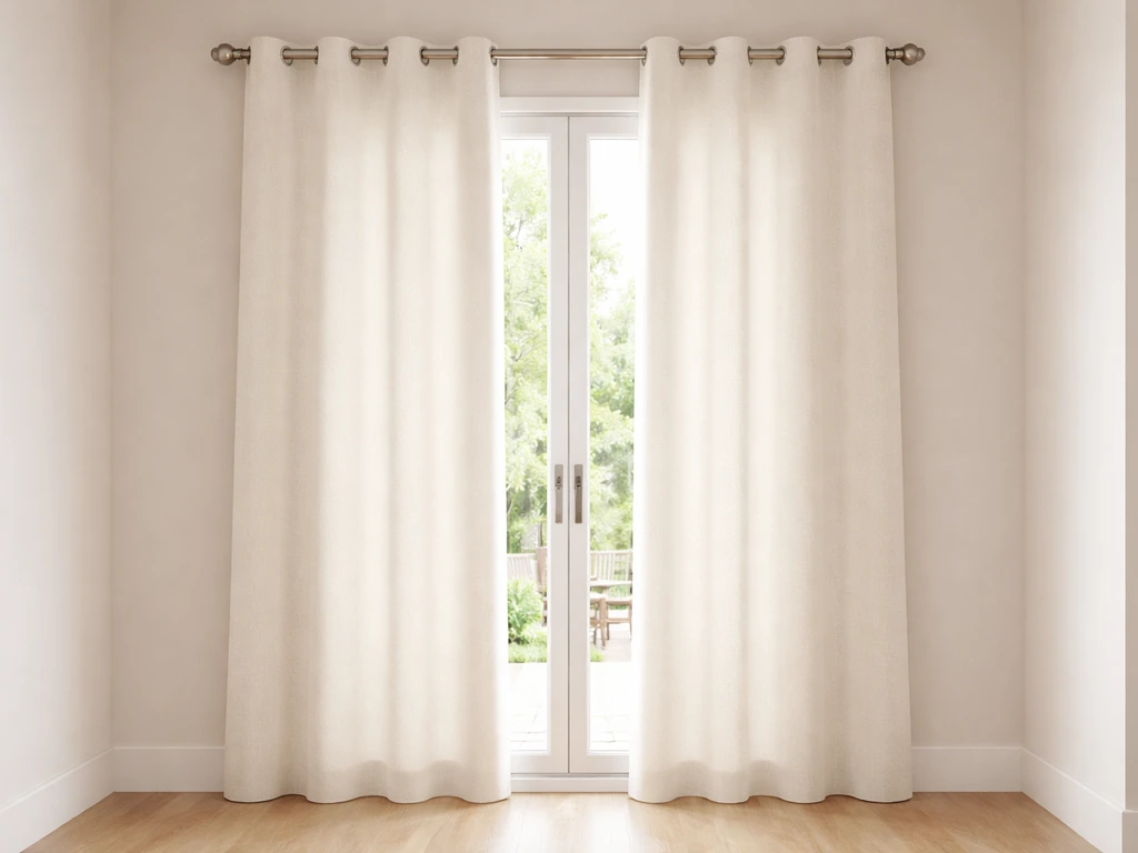 Patio door with grommet top curtains on a rod, showing proper fit and full-width coverage