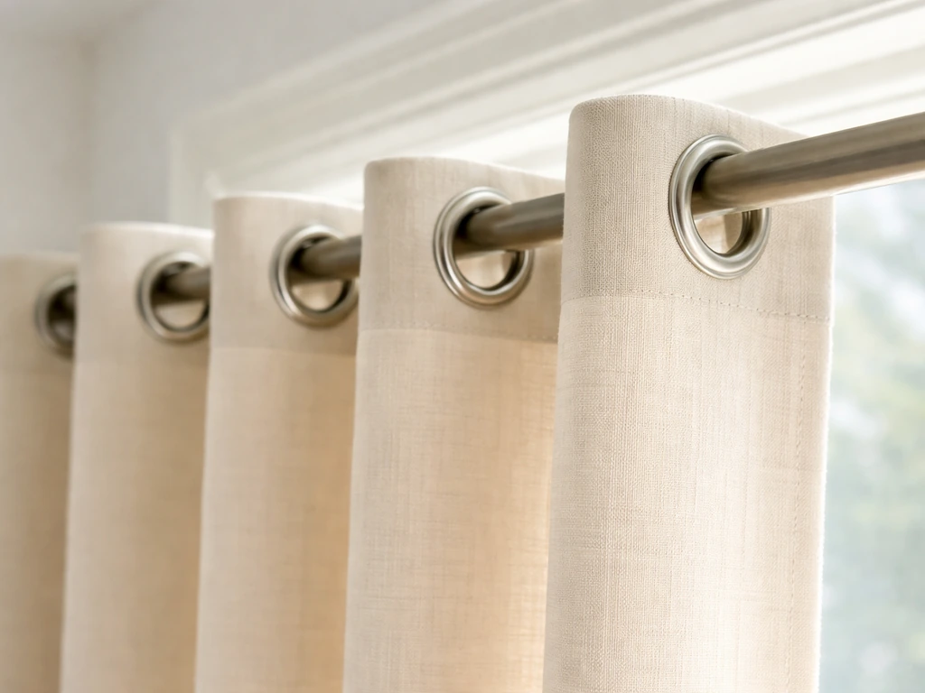 Close-up of curtain header with metal grommet rings and rod threaded through.