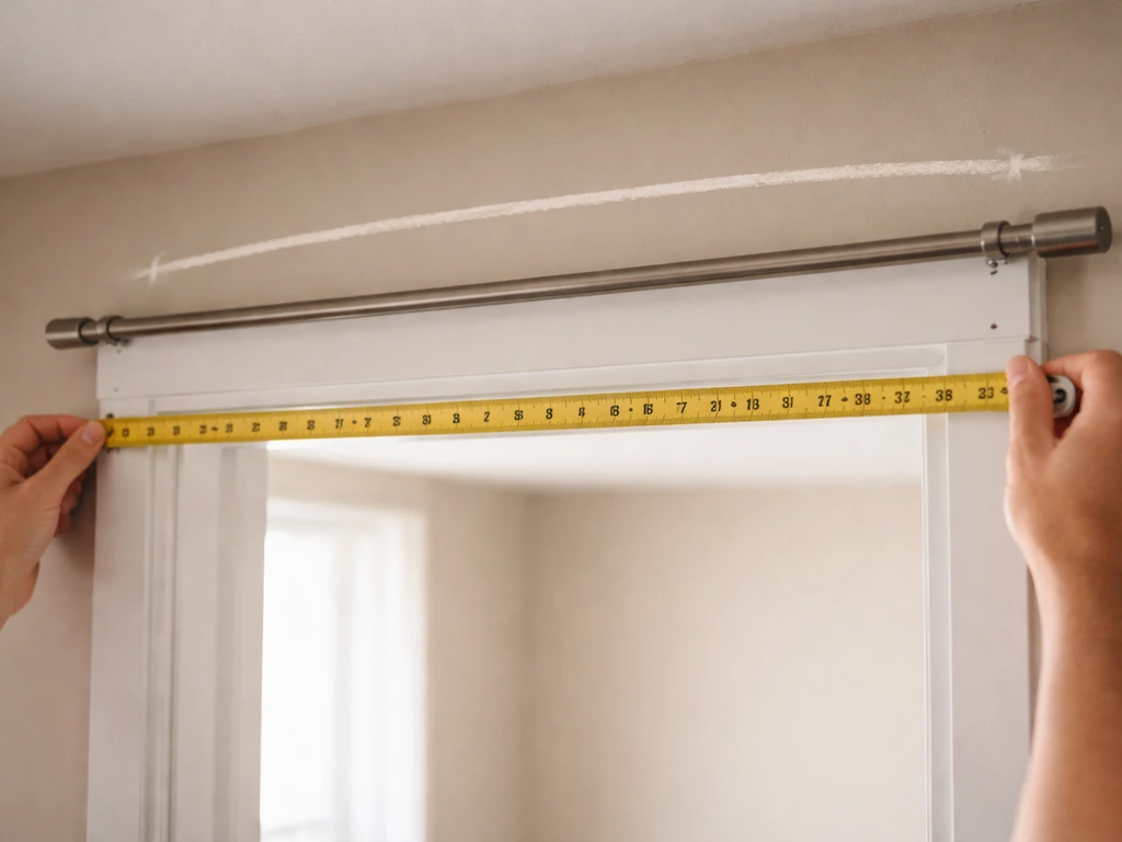 Hands adjusting a curtain rod tape measure over a door frame, with a faint second mark showing the fullness factor.