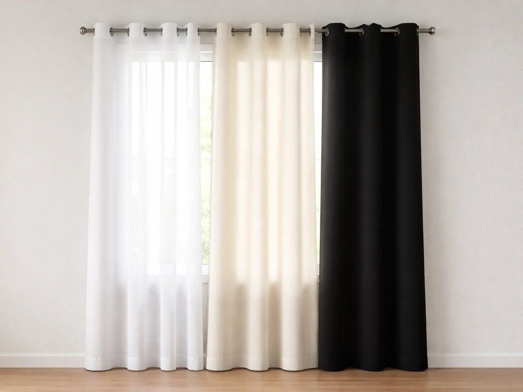 Three curtain panels in front of a window with backlight showing sheer, light-filtering, and blackout opacity.