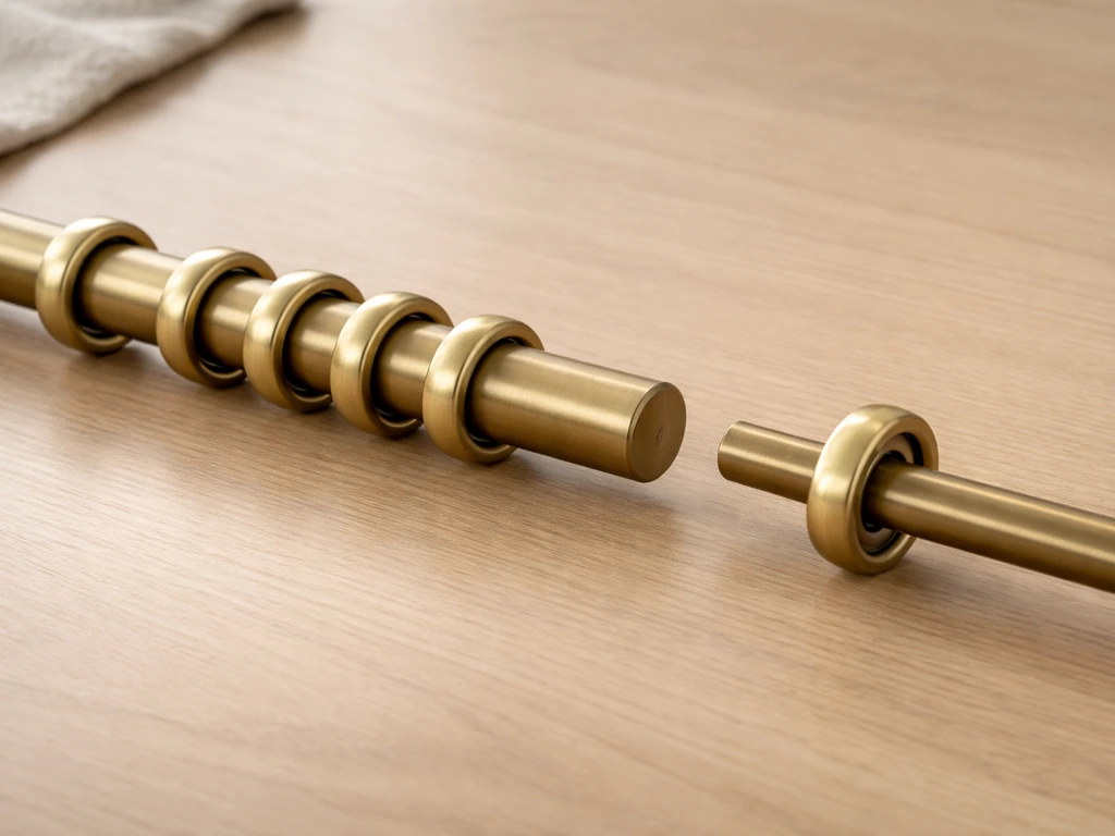 Curtain grommets fully slid onto a 25mm rod, with a separate mismatched grommet beside it.
