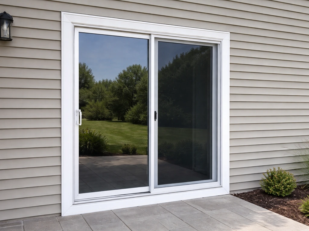 New sliding patio door installed on a home exterior with neat trim and clean sealant lines.