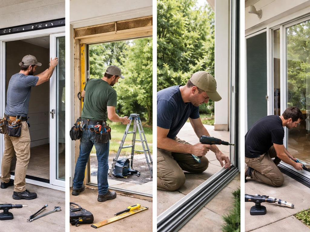 Four types of patio door installers shown as separate, minimal work scenes: contractor, builder, handyman, and patio spe