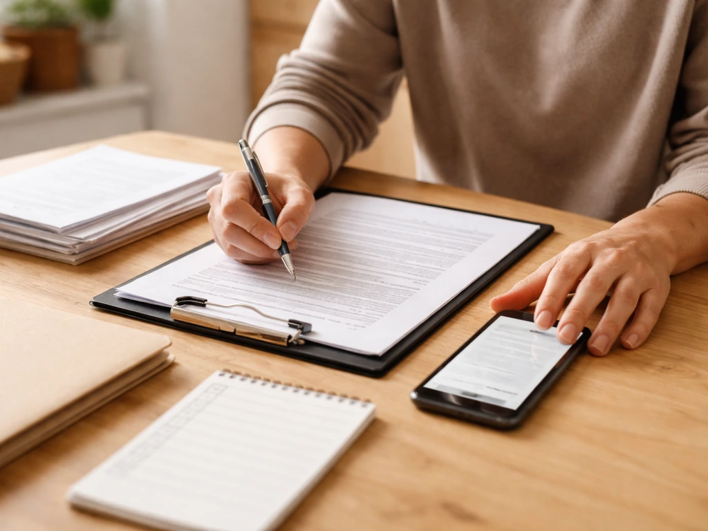 Homeowner at kitchen table reviewing contractor paperwork before hiring, clipboard and phone nearby.
