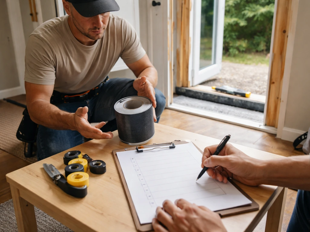 Installer in a simple home entryway points at a checklist while homeowner reviews for window/door installation.