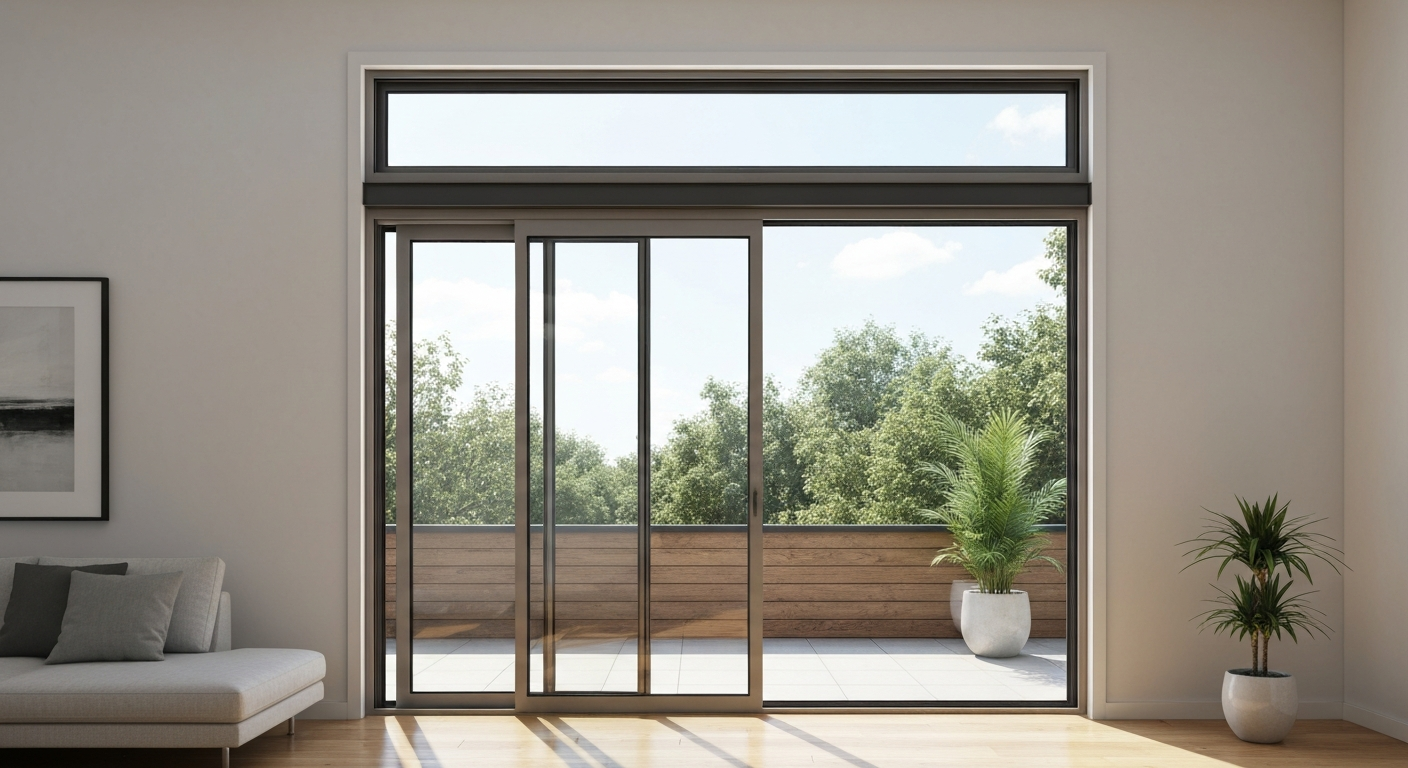 Interior view of a modern sliding patio door with a rectangular transom window above, showing natural light and a taller-feeling room.