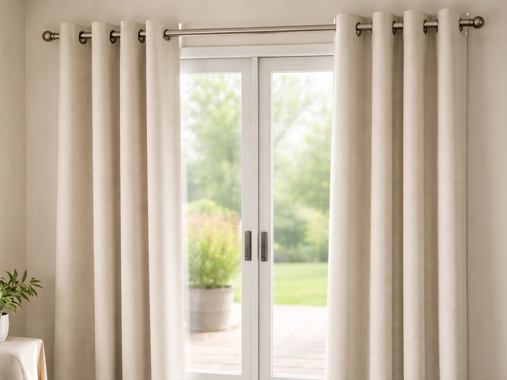 Patio door with insulated grommet-top curtains installed, showing curtain rod and visible grommet rings.