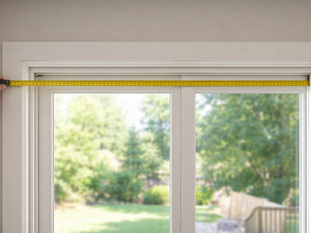 Measuring tape stretched across a sliding glass door frame to show the width measurement.