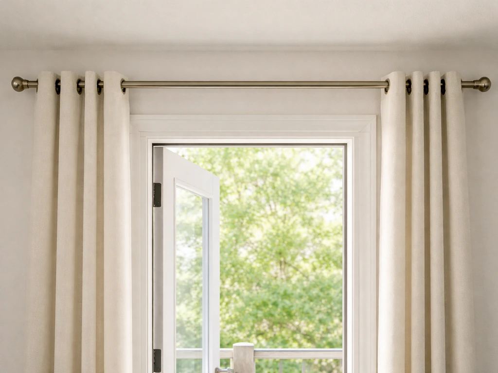 Doorway with curtain rod extending past frame and open panels stacked clear of the sides.