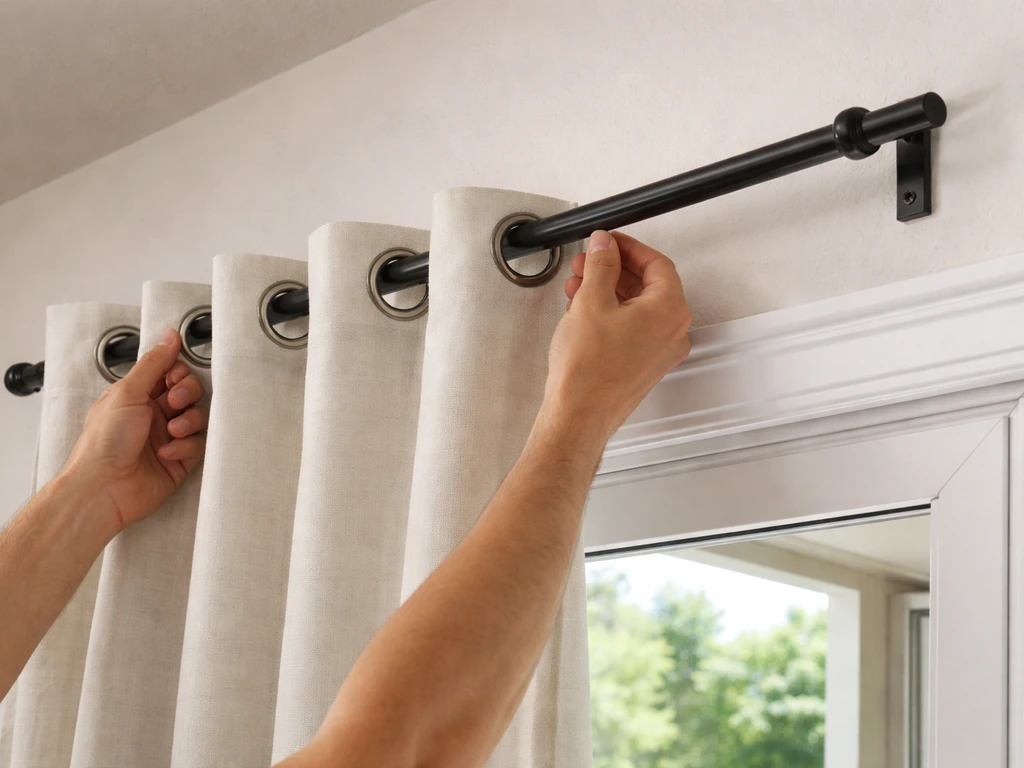 Hand threading curtain rod through grommet rings above a patio door