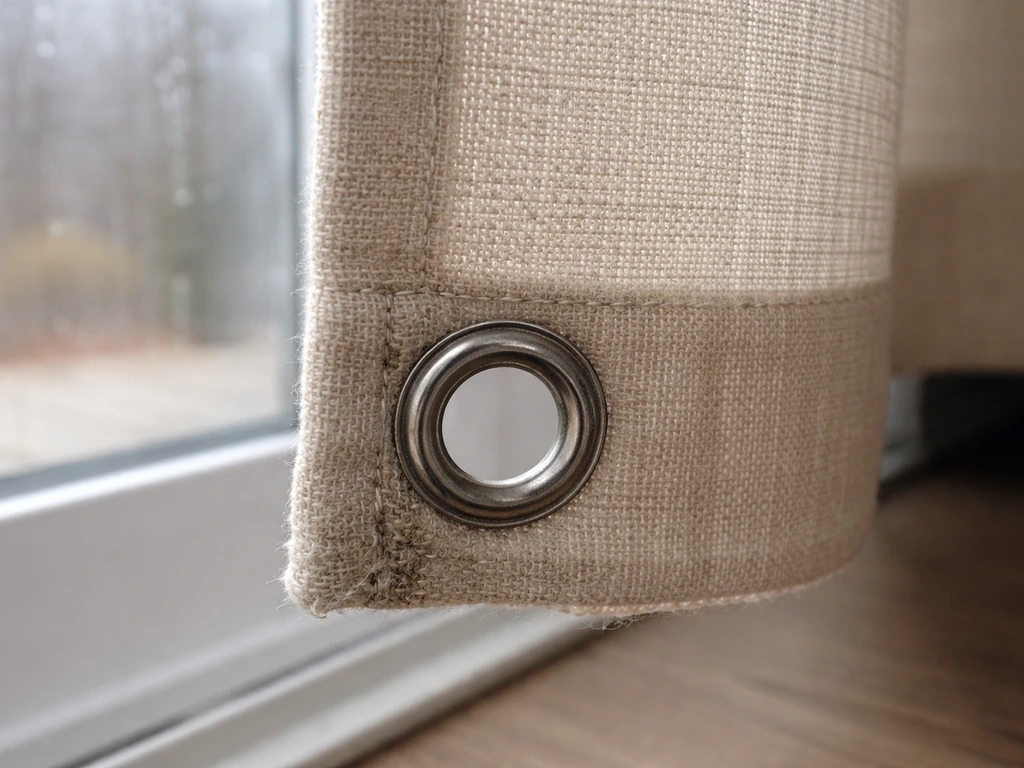 Close-up of a patio door curtain edge with a loosened or cracked grommet near the glass.