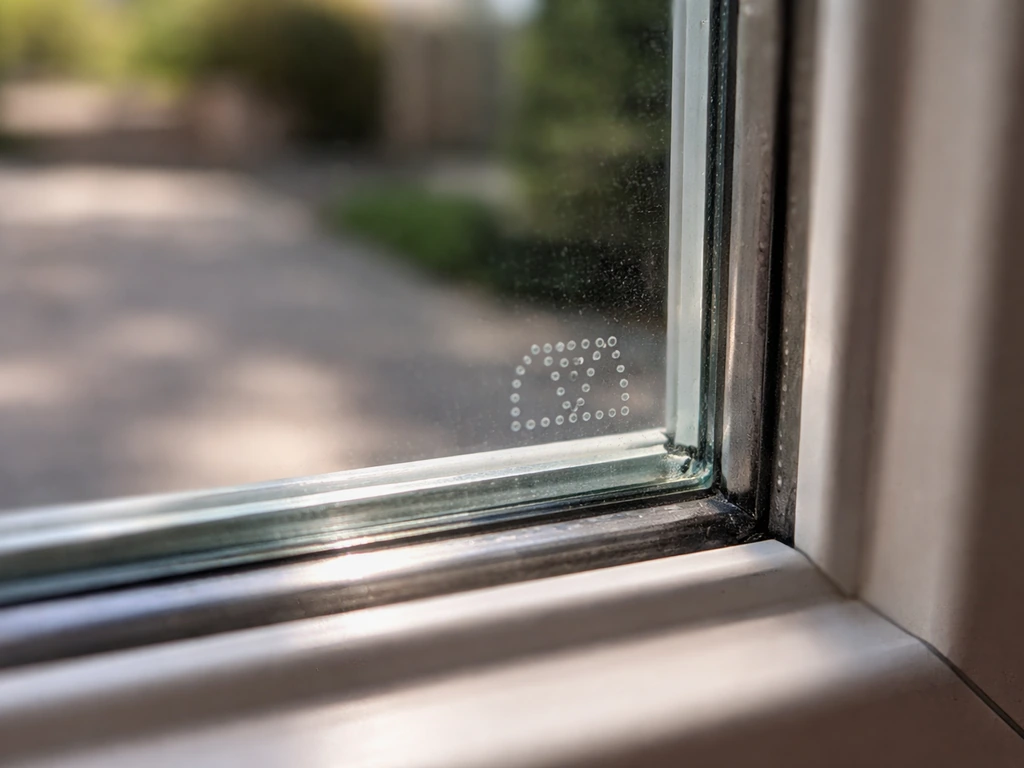 Close-up of a patio door glass corner highlighting the small manufacturer etching on the pane.
