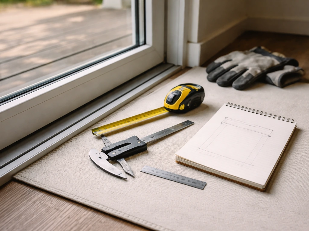 Measuring tools, calipers, gloves, and a blank notepad set near a glass patio door for replacement prep.