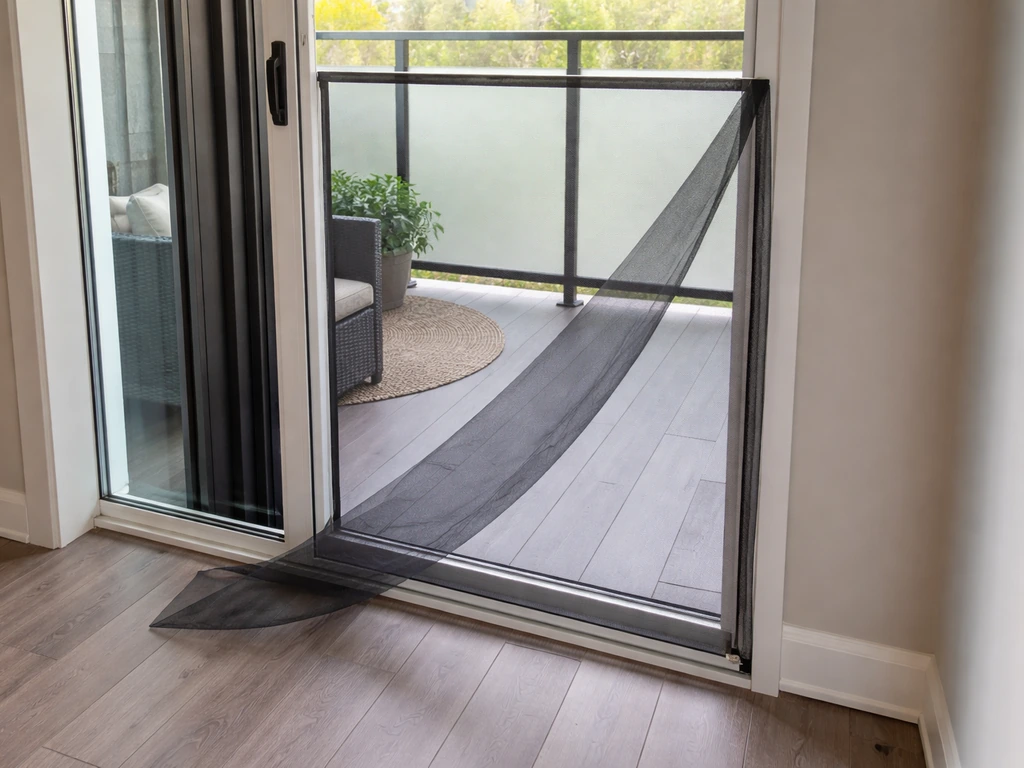 Patio sliding door with partially removed screen frame, showing rescreen repair work area.