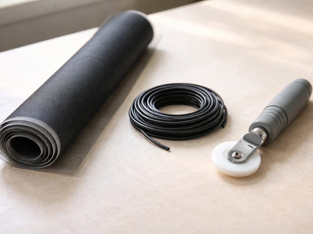 Close-up of fiberglass screen mesh roll, spline, and a screen roller tool on a workbench.