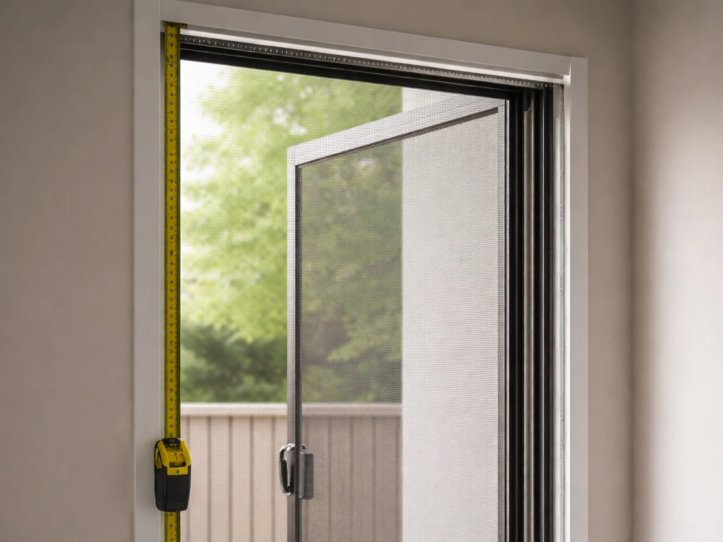 Sliding patio screen door frame with 80-inch and 36-inch measurements and a tape measure