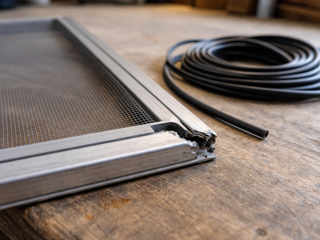 Close-up of a damaged window screen frame with spline in the groove and fresh spline beside it.