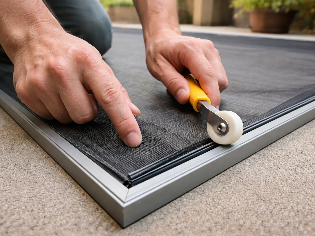 Person installing fiberglass screen mesh into a patio door frame using spline and a roller