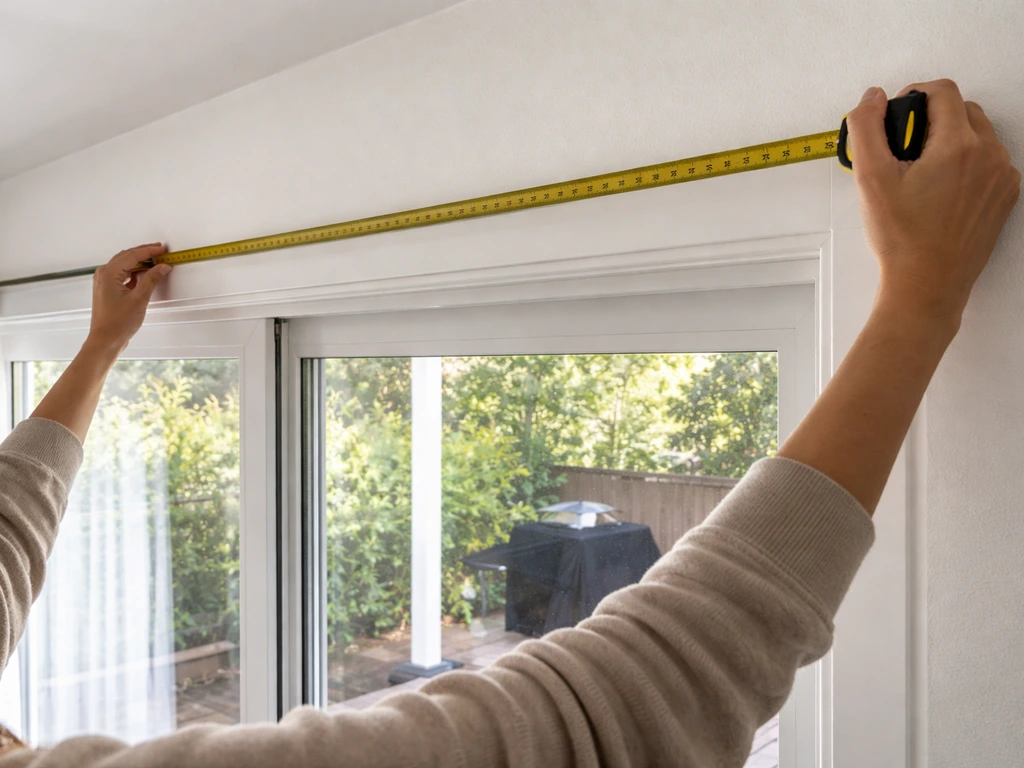 Hands measure a sliding patio door width for a curtain rod, tape measure laid where it will mount.