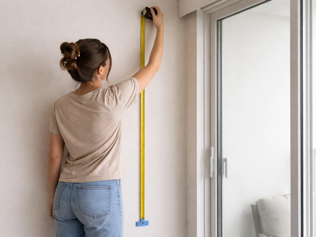 Person measuring and marking curtain height on a wall beside a sliding door.