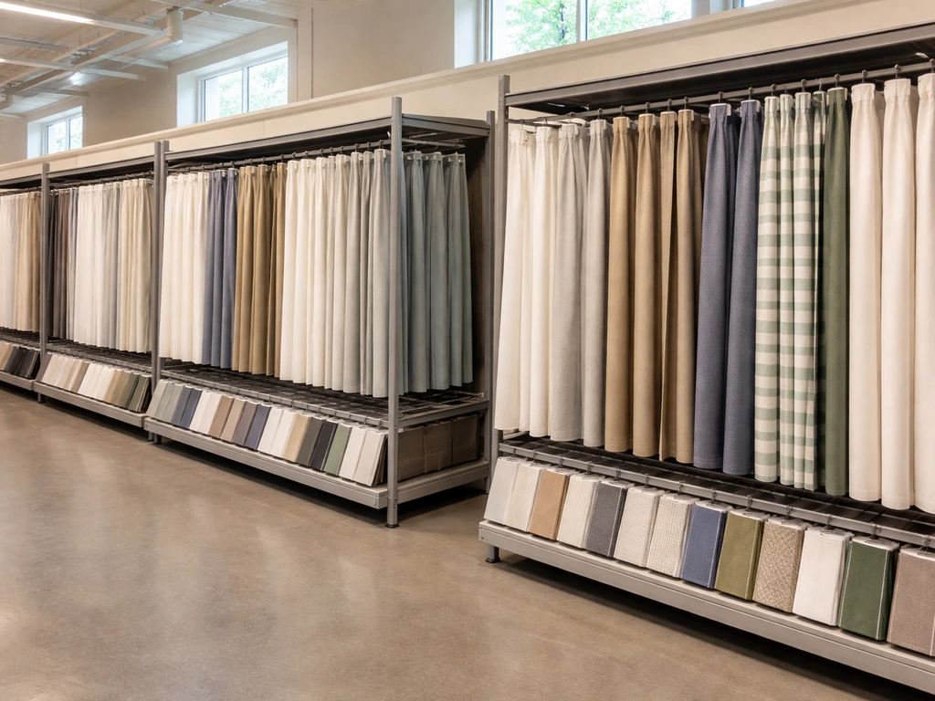 Shoppers aisle in a home improvement store with neatly organized patio curtain panels on racks