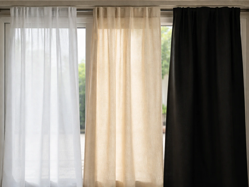 Three outdoor curtain fabrics—sheer, light-filtering, and blackout—shown over a window opening in daylight.