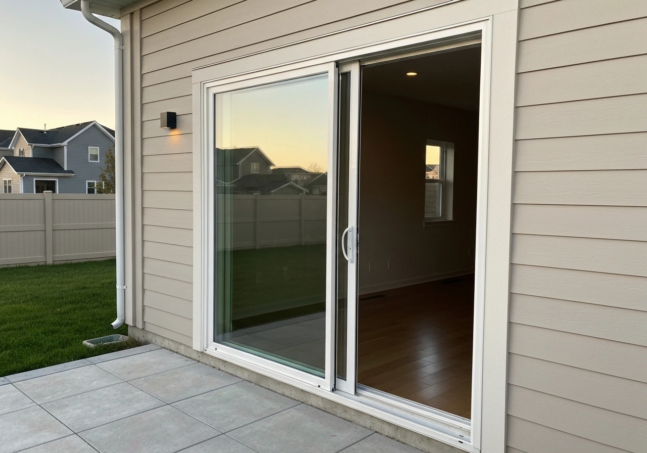 Bright home exterior with a central vinyl sliding patio door open on a quiet patio.