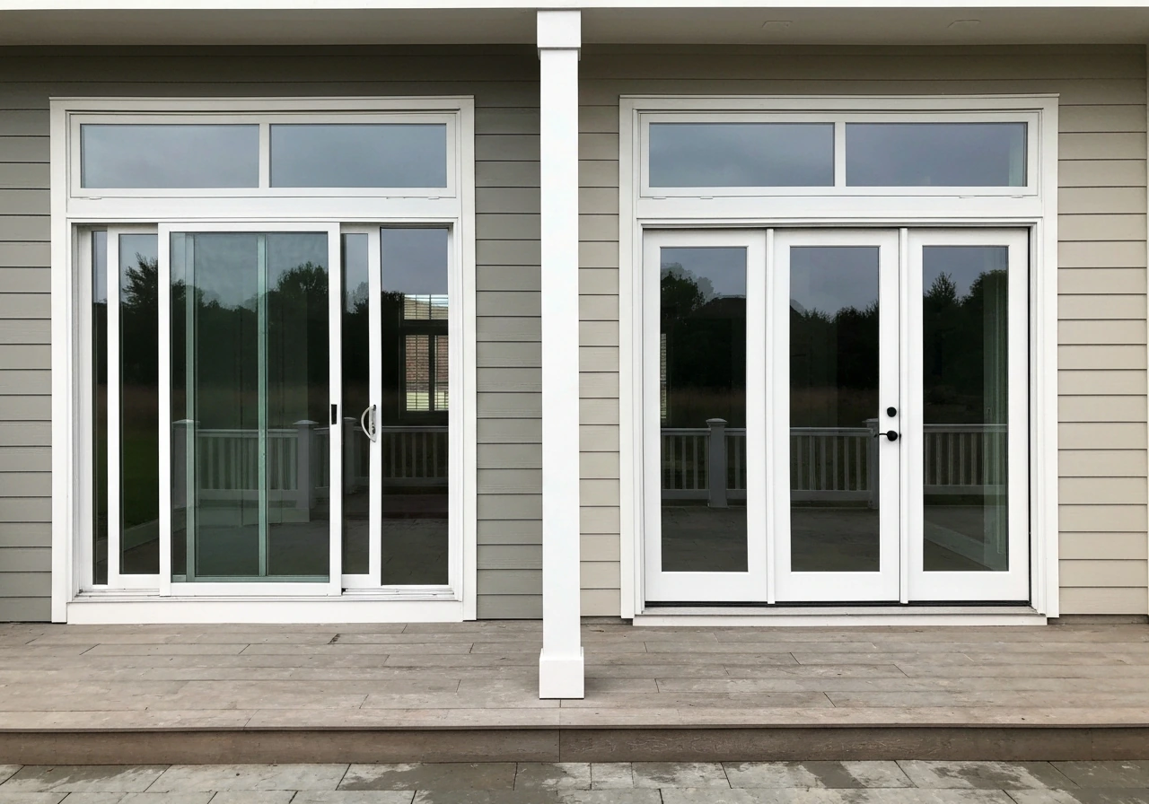 Side-by-side home exterior patio doors showing vinyl sliding and hinged/French door panel configurations.