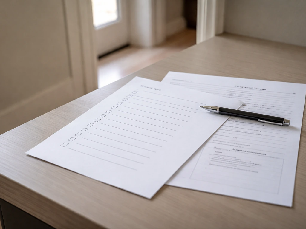 Close-up of dealer contract terms checklist beside a door order sheet on a desk near a doorway