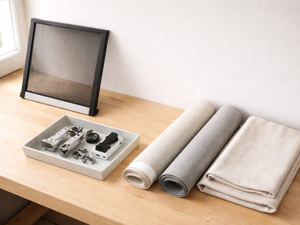 Patio door accessories neatly arranged: screen panel, lock hardware, and window covering options.