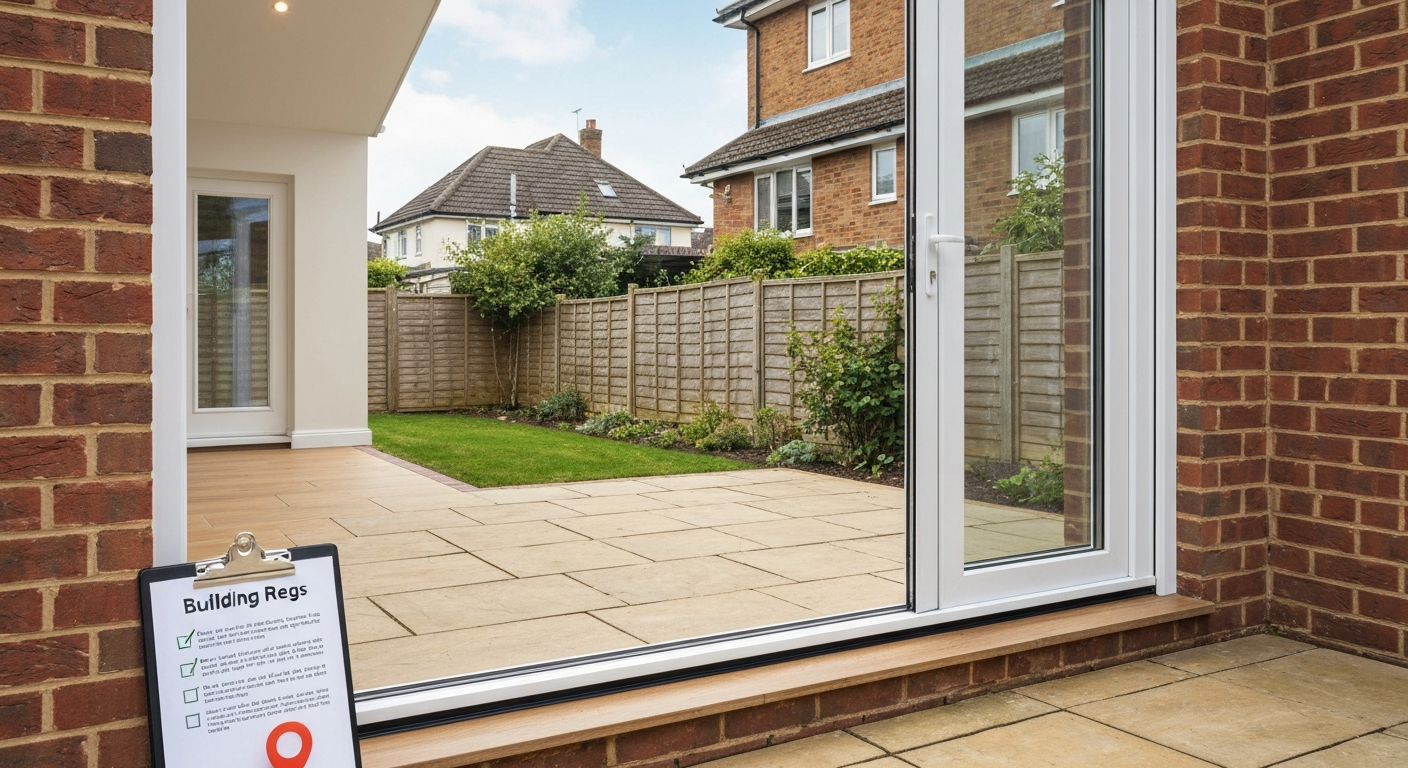 Rear view of a UK suburban house with newly installed patio doors opening onto a patio and garden; clipboard on the doorstep hints at planning and building regs.
