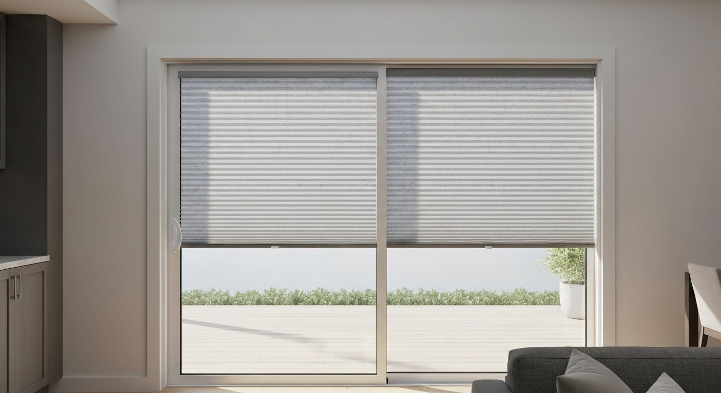 Sliding patio door with a cordless top-down/bottom-up cellular shade: bottom rail raised for seated privacy while top of glass remains open to daylight.