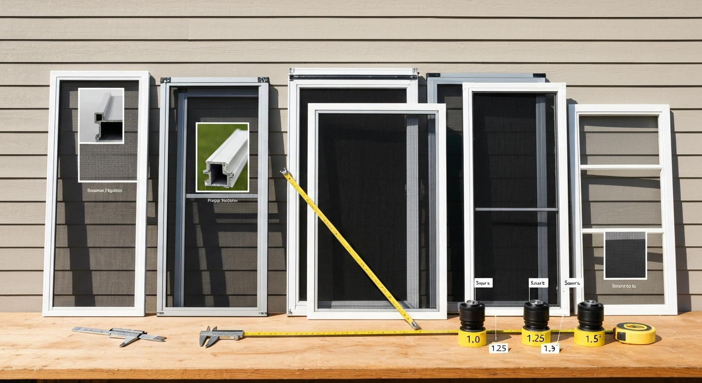 Photorealistic composition of multiple patio screen panels, track cross-sections, calipers, tape measure, and roller assemblies laid out on a workbench.