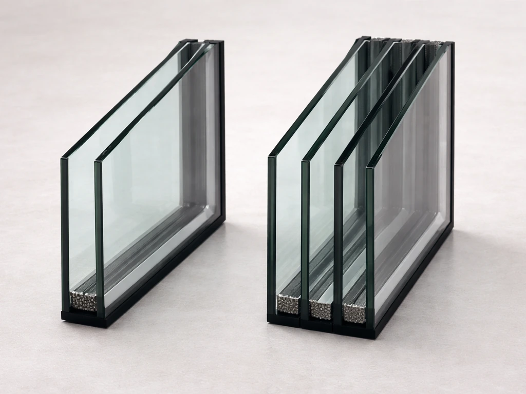 Side-by-side view of double-pane and triple-pane patio door glass stacks with insulating air spaces